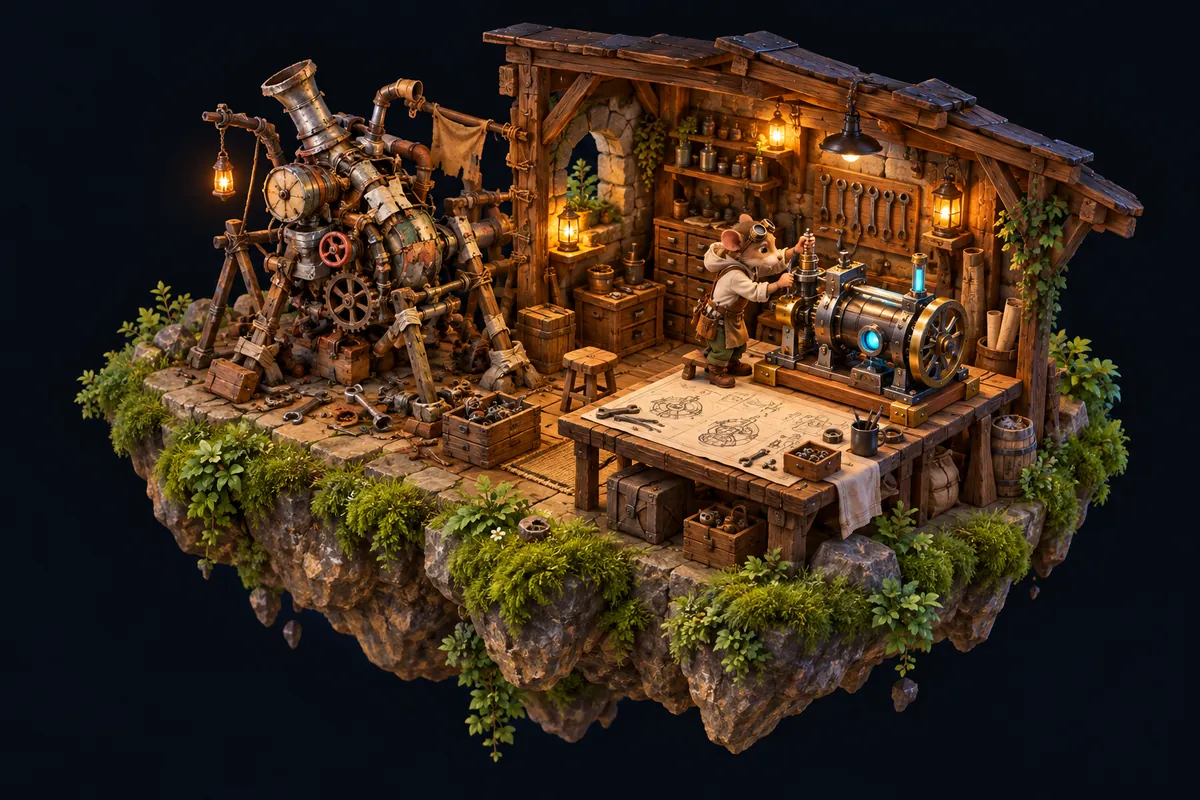Atelier miniature où un artisan construit une machine neuve à côté d’une machine rafistolée.