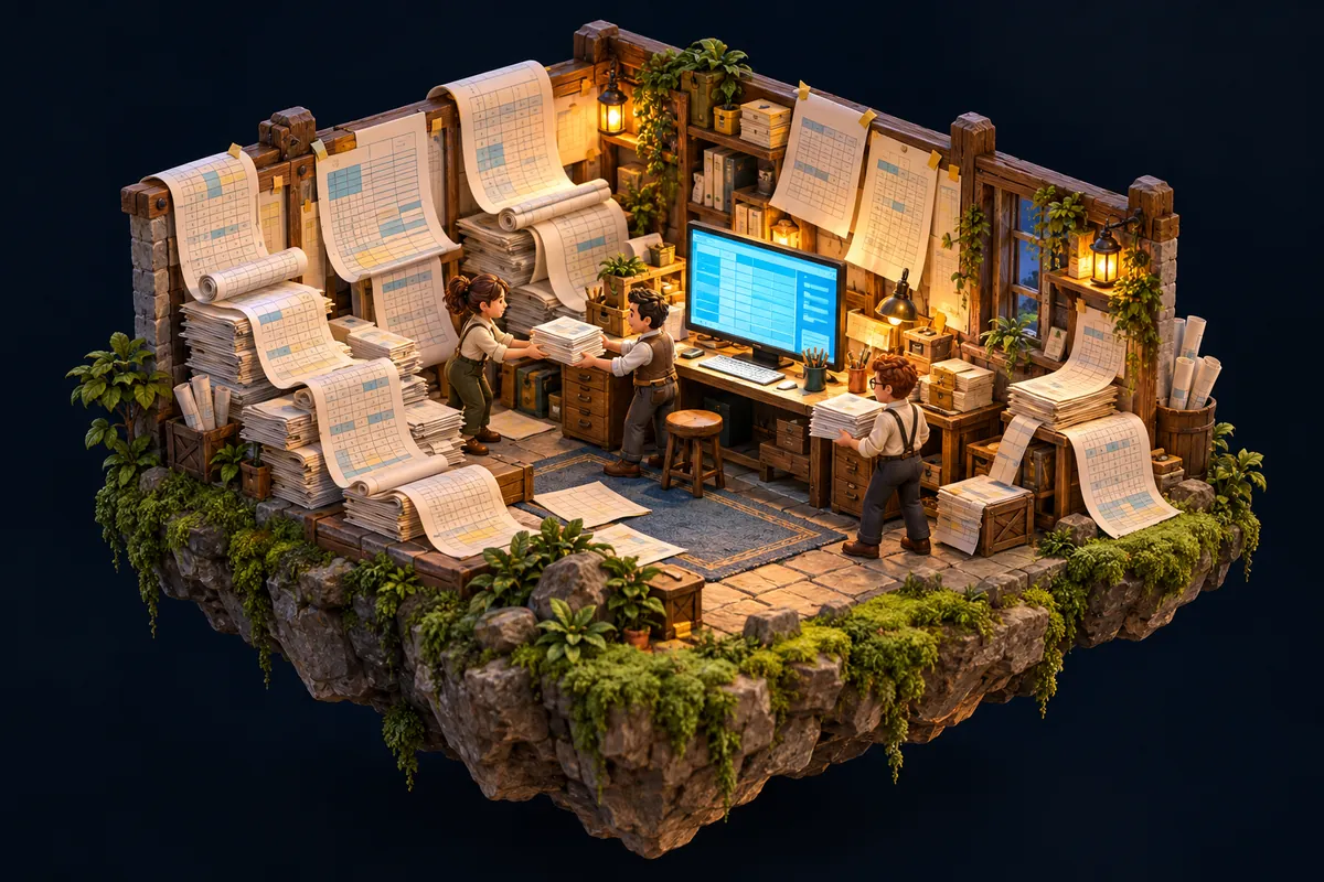 Bureau miniature envahi de feuilles de tableur géantes, avec un écran ordonné au centre.